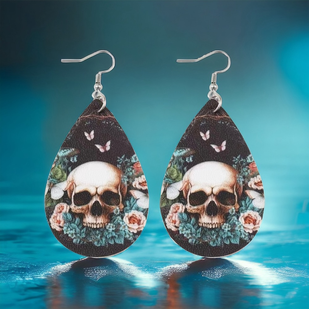 Colorful Skull Flower Pattern Teardrop Dangle Halloween Earrings Faux Fashion Je